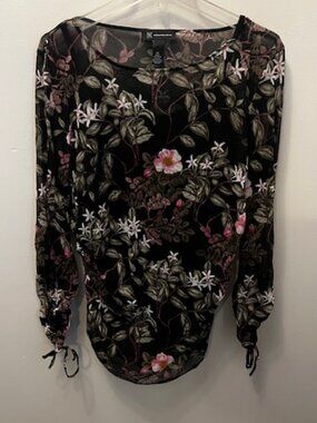 Women's INC Blouse, Black Floral, Size XL, Sheer w Cami, 3/4 sleeve, Ex Cond!